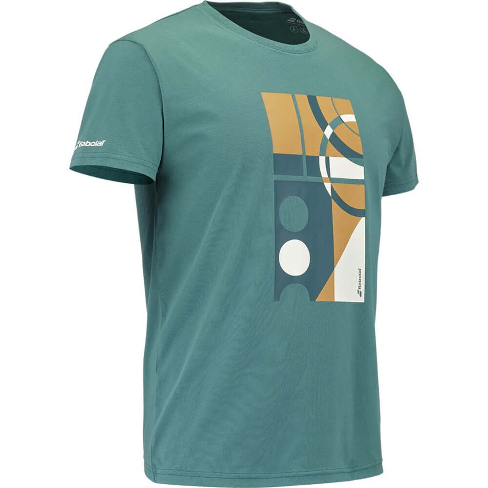 Мъжка тениска Babolat Exercise Message Tee North See - 80% памук и 20% рециклиран полиестер. Мека и приятна на допир материя с бързосъхнещи свойства и висока издръжливост при ежедневно носене. Класическа кройка осигурява свобода на движение. Зелен цвят