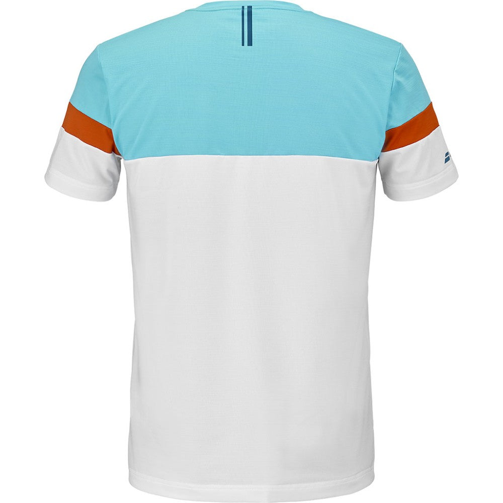 Мъжка тениска Babolat Crew Neck Tee White. Изработена от 83% рециклиран полиестер, 17% еластан. В бял цвят с оранжев акцент