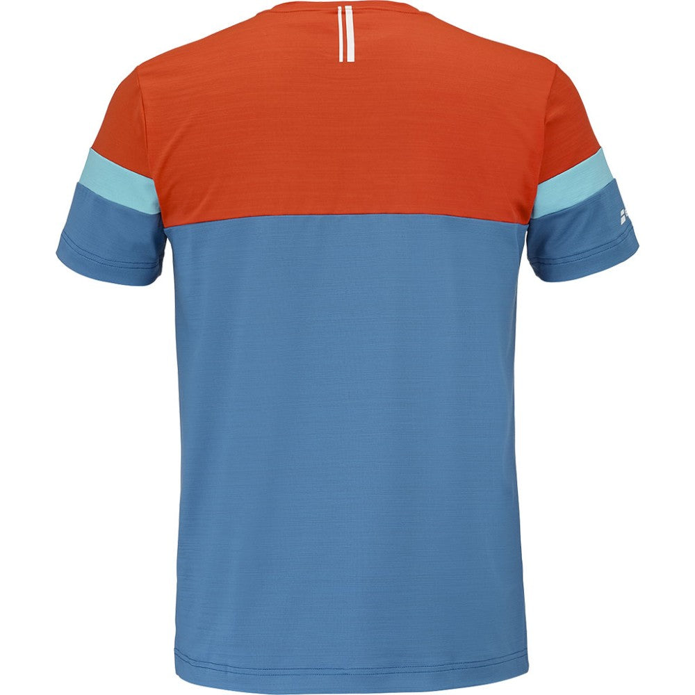 Мъжка тениска Babolat Crew Neck Tee Seaport. Изработена от 83% рециклиран полиестер, 17% еластан. В светло син цвят с оранжев акцент
