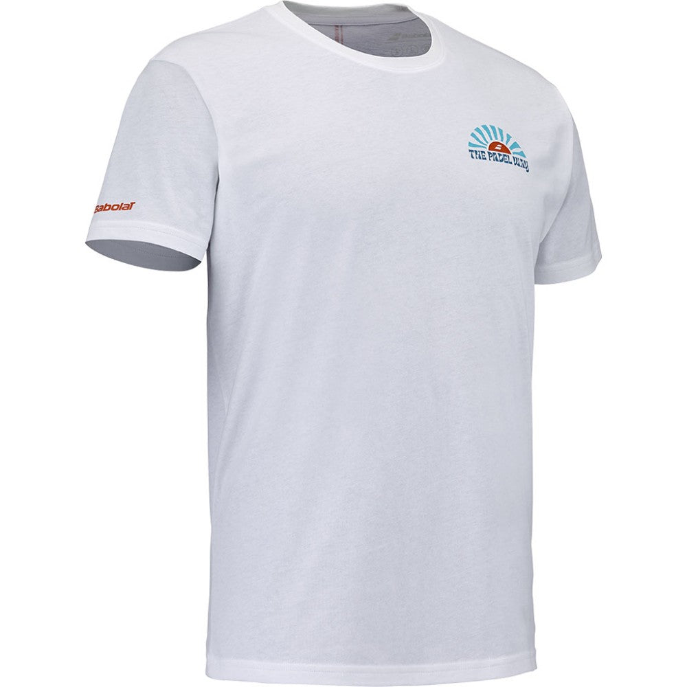 Мъжка тениска за падел BABOLAT PERF COTTON TEE SCUBA BLUE, изработена от 80% памук и 20% рециклиран полиестер. Бял цвят