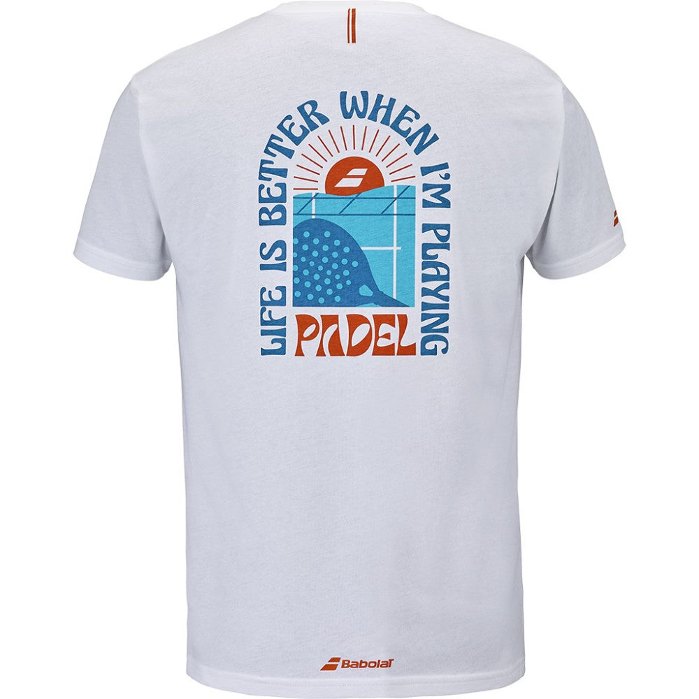 Мъжка тениска за падел BABOLAT PERF COTTON TEE SCUBA BLUE, изработена от 80% памук и 20% рециклиран полиестер. Бял цвят