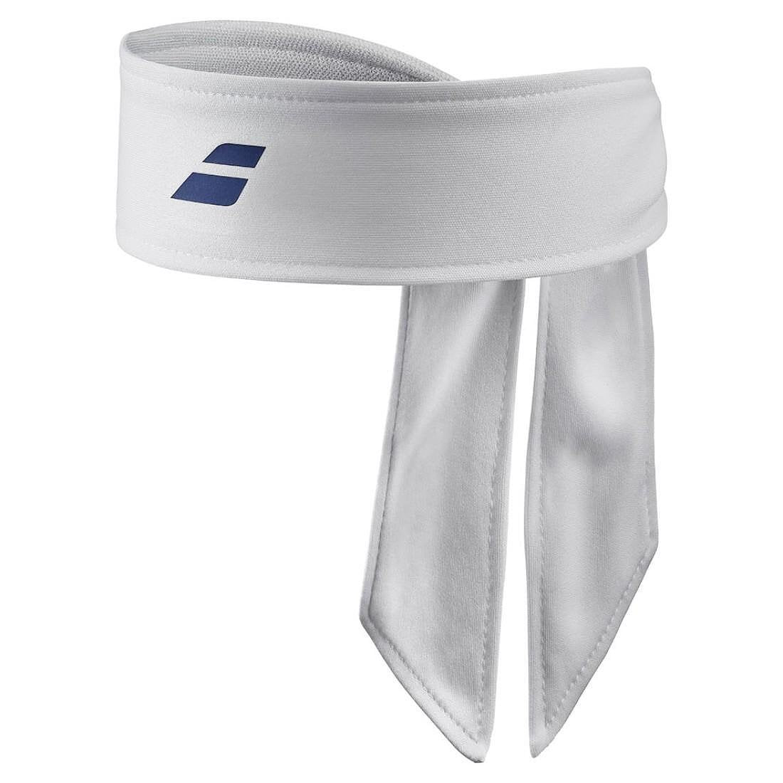 Бандана Babolat TIE HEADBAND - white, blue регулируема лента за глава от рециклиран полиестер за абсорбиране на потта.