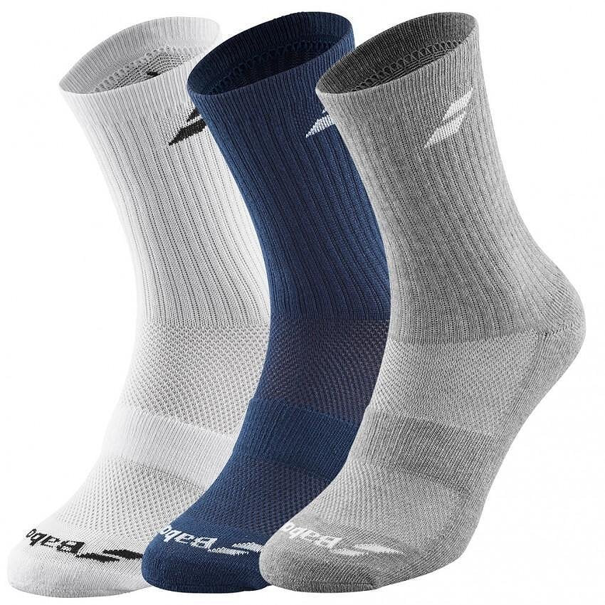 Babolat socks 3 pairs - white, est. blue, grey. Technical long socks by Babolat for comfort and breathability.
