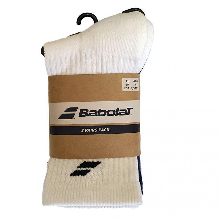 Babolat socks 3 pairs - white, est. blue, grey. Technical long socks for comfort and breathability.