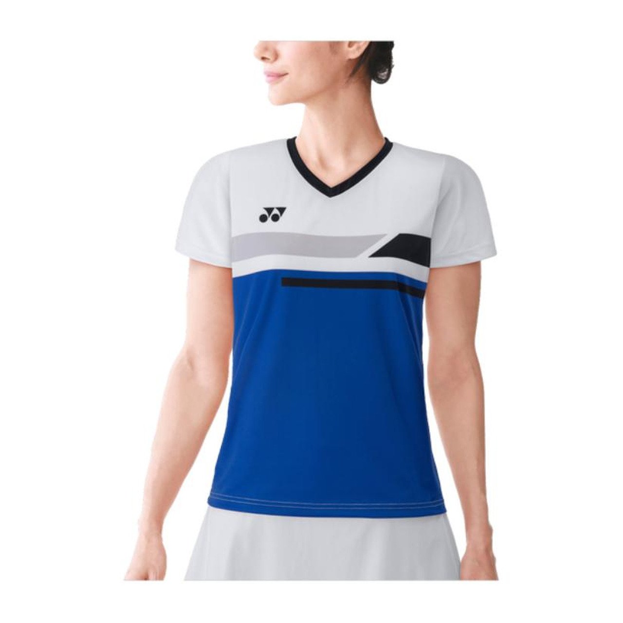 Дамска тениска Yonex 2024, бяла и синя, женски V-образен спортен модел от 100% полиестър за тенис екипировка.