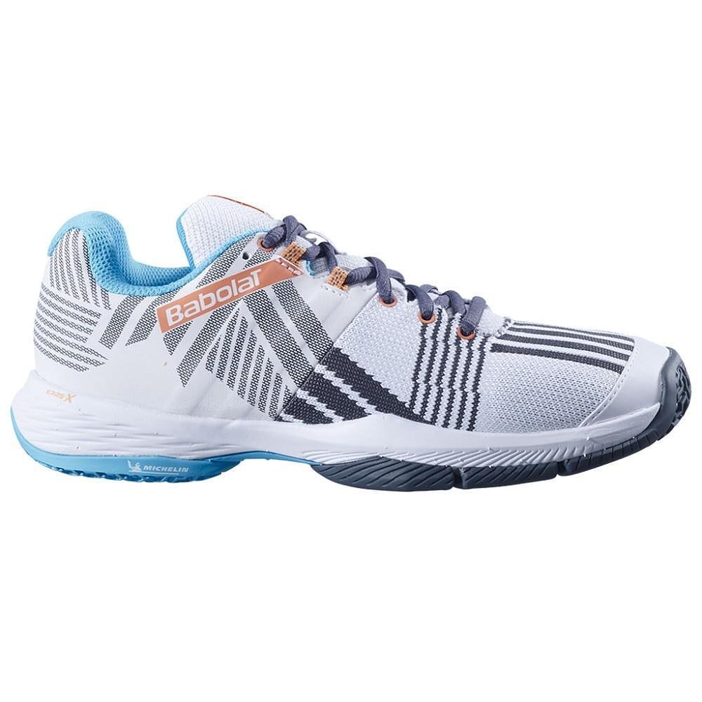 Pantofi de padel pentru femei Babolat SENSA WHITE / CANYON SUNSET – stabilitate, confort și siguranță pe teren