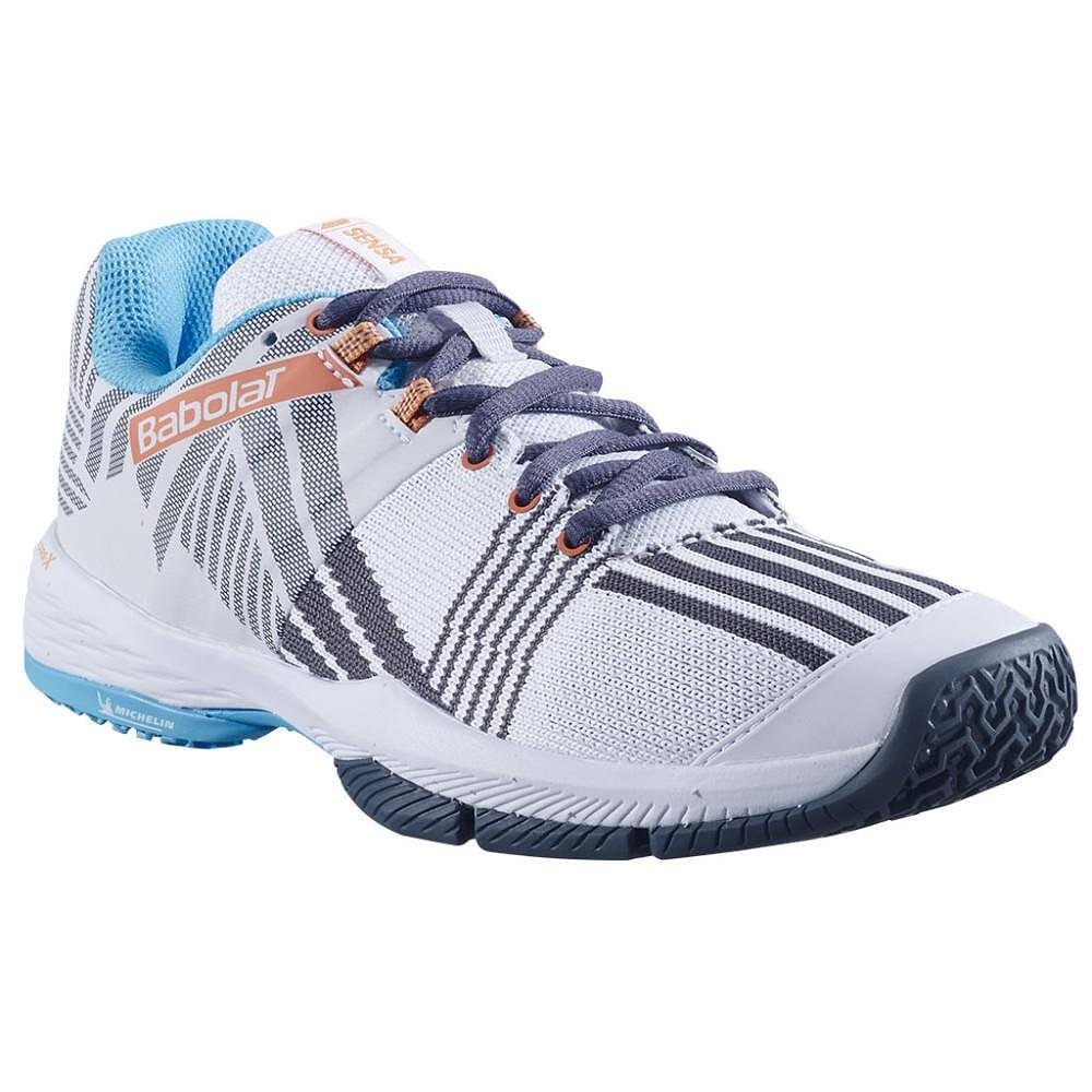 Pantofi de padel pentru femei Babolat SENSA WHITE / CANYON SUNSET pentru stabilitate, confort și siguranță pe terenul de padel