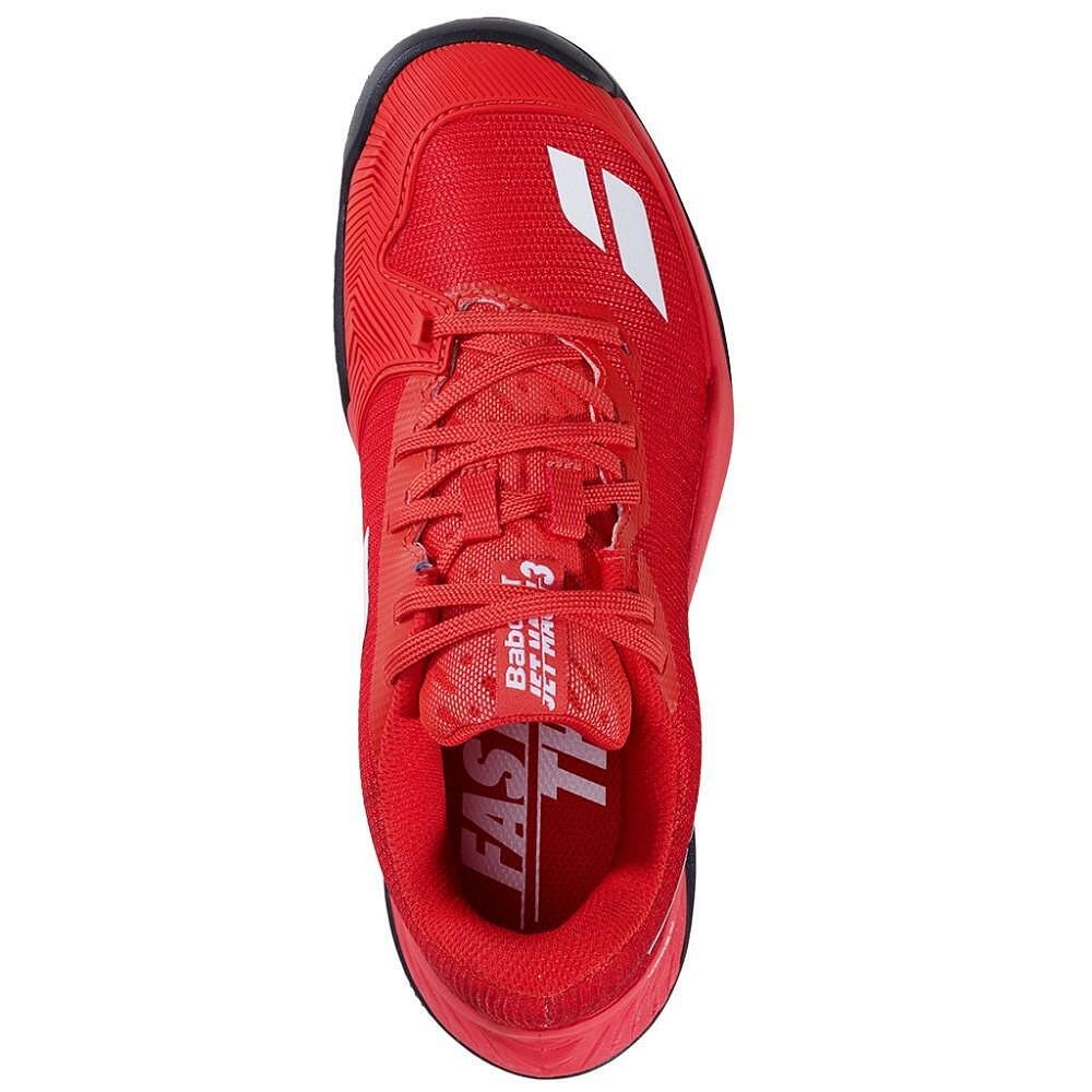 Kids' Babolat JET MACH 3 JNR CLAY CHERRY TOMATO / WHITE tennis shoes, lightweight and stable for young players