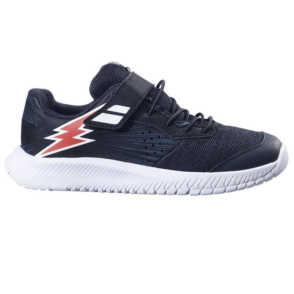 Kids' Babolat PULSION AC KID BLACK / FIESTA RED tennis shoes, lightweight and comfortable for children