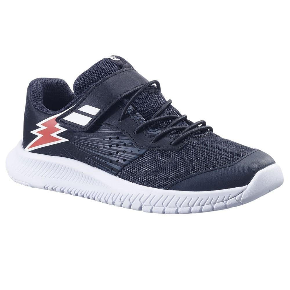 Kids' Babolat PULSION AC KID BLACK / FIESTA RED tennis shoes, lightweight and comfortable for children