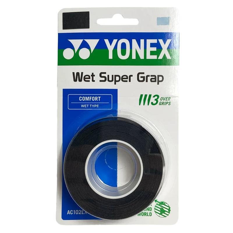 Gripuri Yonex WET SUPER GRAP Black - 3 bucăți – grip negru pentru rachete de tenis și padel, pentru un control și un confort mai bune.