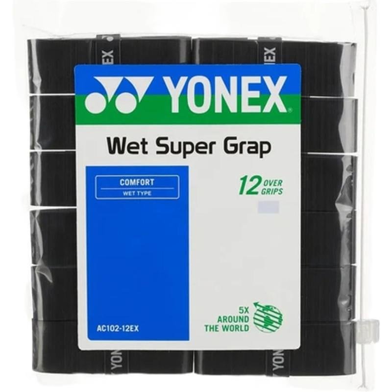 Overgripuri Yonex WET SUPER GRAP Black - 12 bucăți – overgripuri de tenis negre pentru control excelent, absorbție și durabilitate.