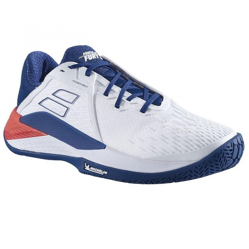Мъжки маратонки Babolat PROPULSE FURY 3 AC WHITE BLUE – тенис маратонки за стабилност, комфорт и динамика на корта