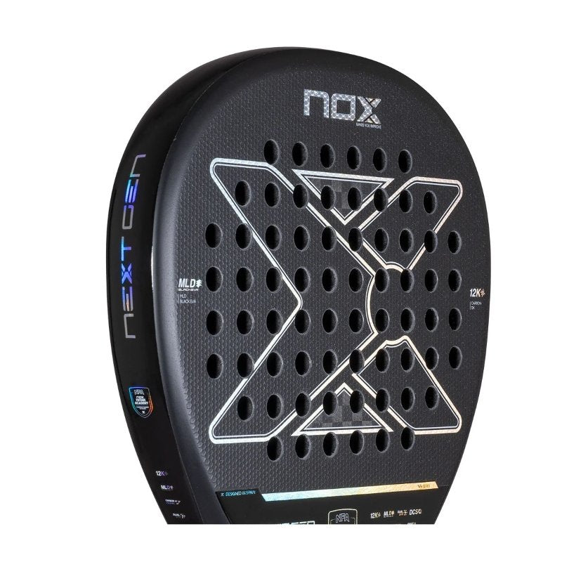 Padel racket Nox Nextgen Pro Attack 12K NFA– a professional padel racket with a diamond shape, Carbon 12K, HR3 Black EVA and EOS Flap for maximum power and stability.