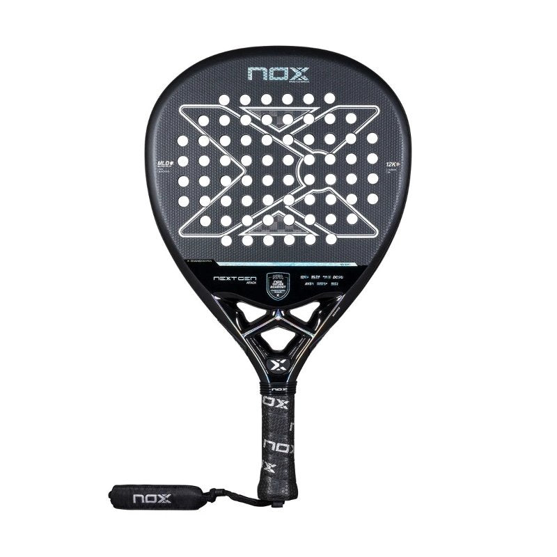 Padel racket Nox Nextgen Pro Attack 12K NFA– a professional padel racket with a diamond shape, Carbon 12K, HR3 Black EVA and EOS Flap for maximum power and stability.