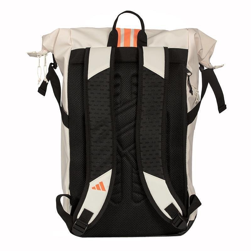 Rucsac adidas Backpack Multigame Off White 2026 pentru padel, alb cu accente portocalii, cu compartiment principal roll-top și compartiment termoizolat pentru rachete