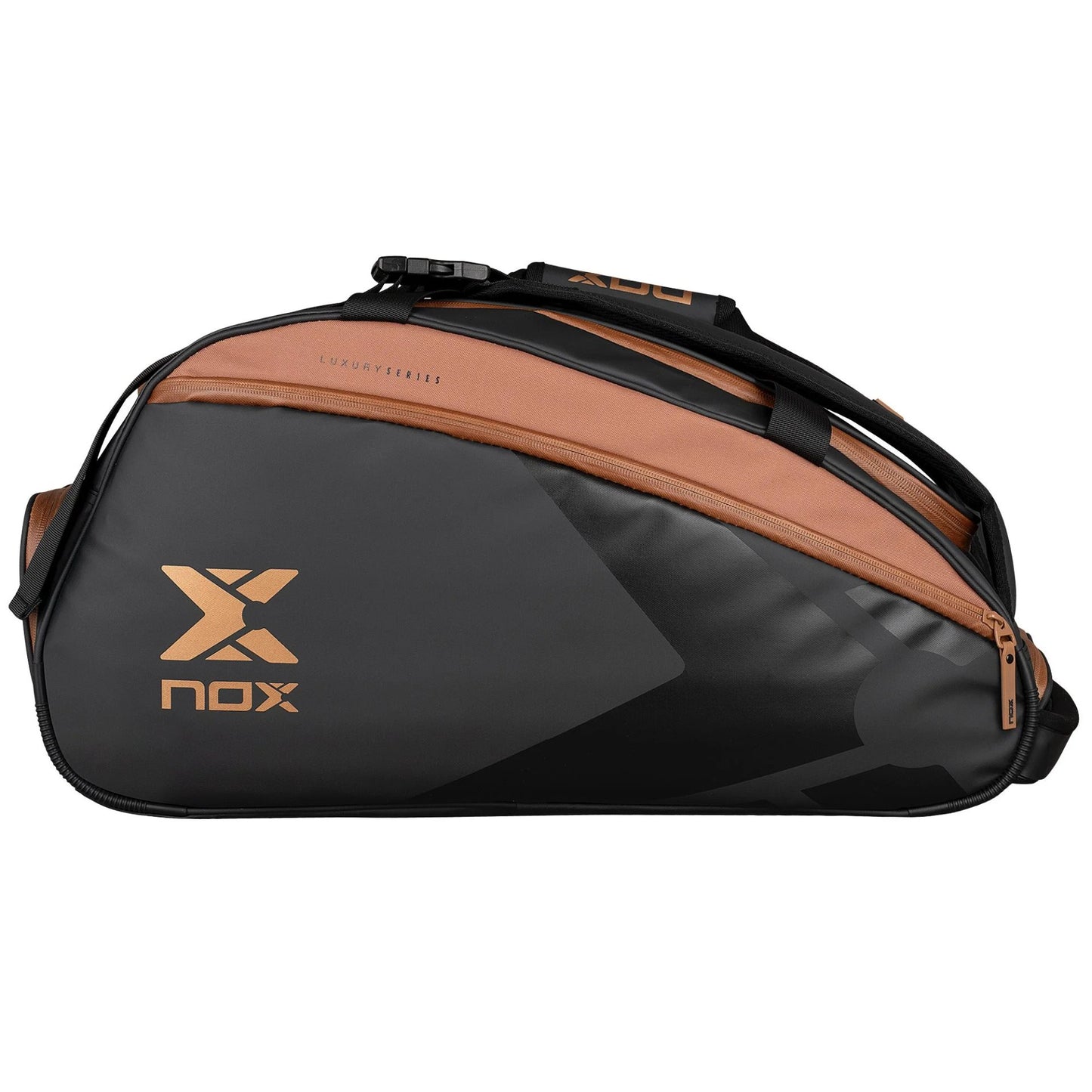 NOX LUXURY padel bag in black and brown - sports bag with thermal compartment, shoe compartments and accessory compartments, stylish and durable design.