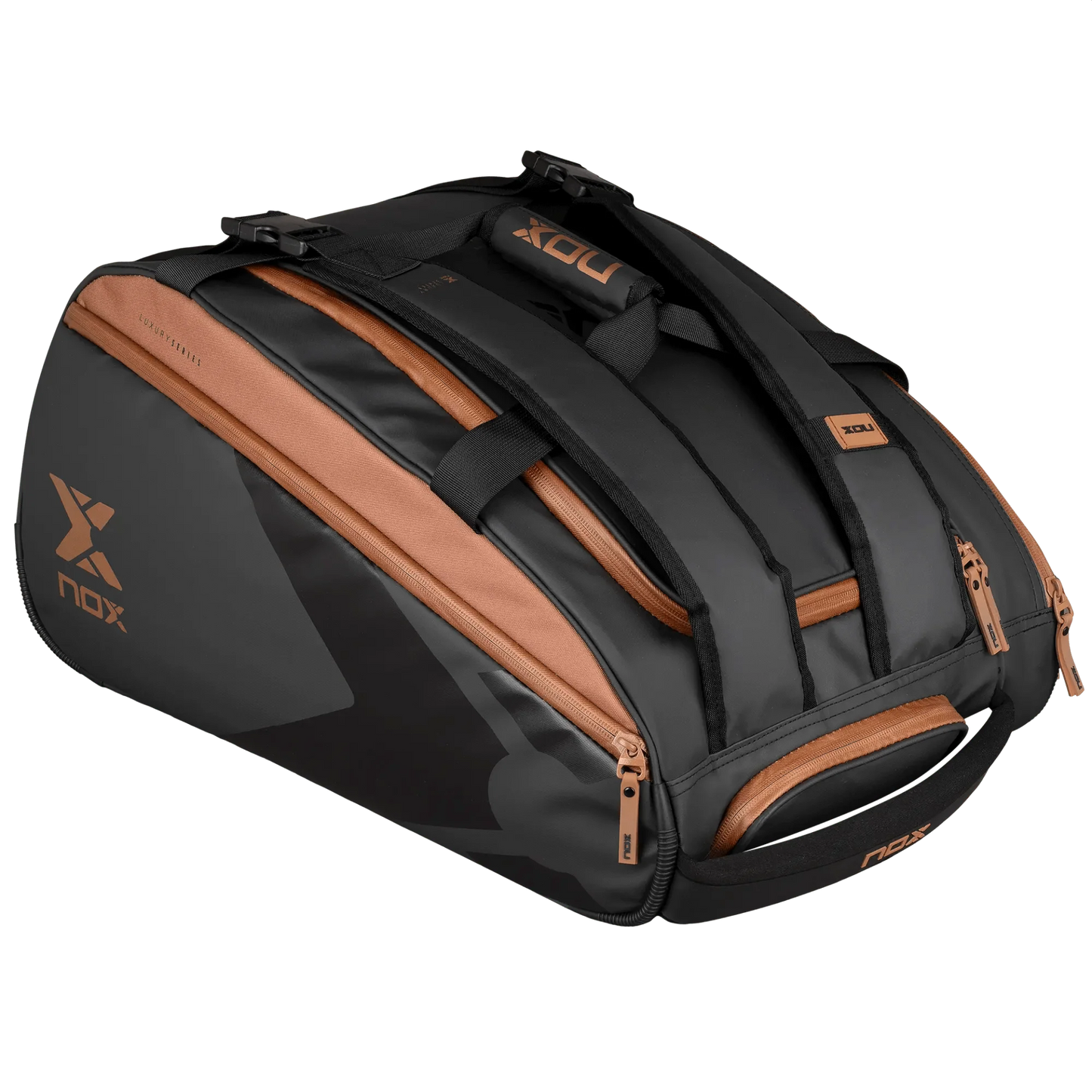 NOX LUXURY padel bag in black and brown - sports bag with thermal compartment, shoe compartments and accessory compartments, stylish and durable design.