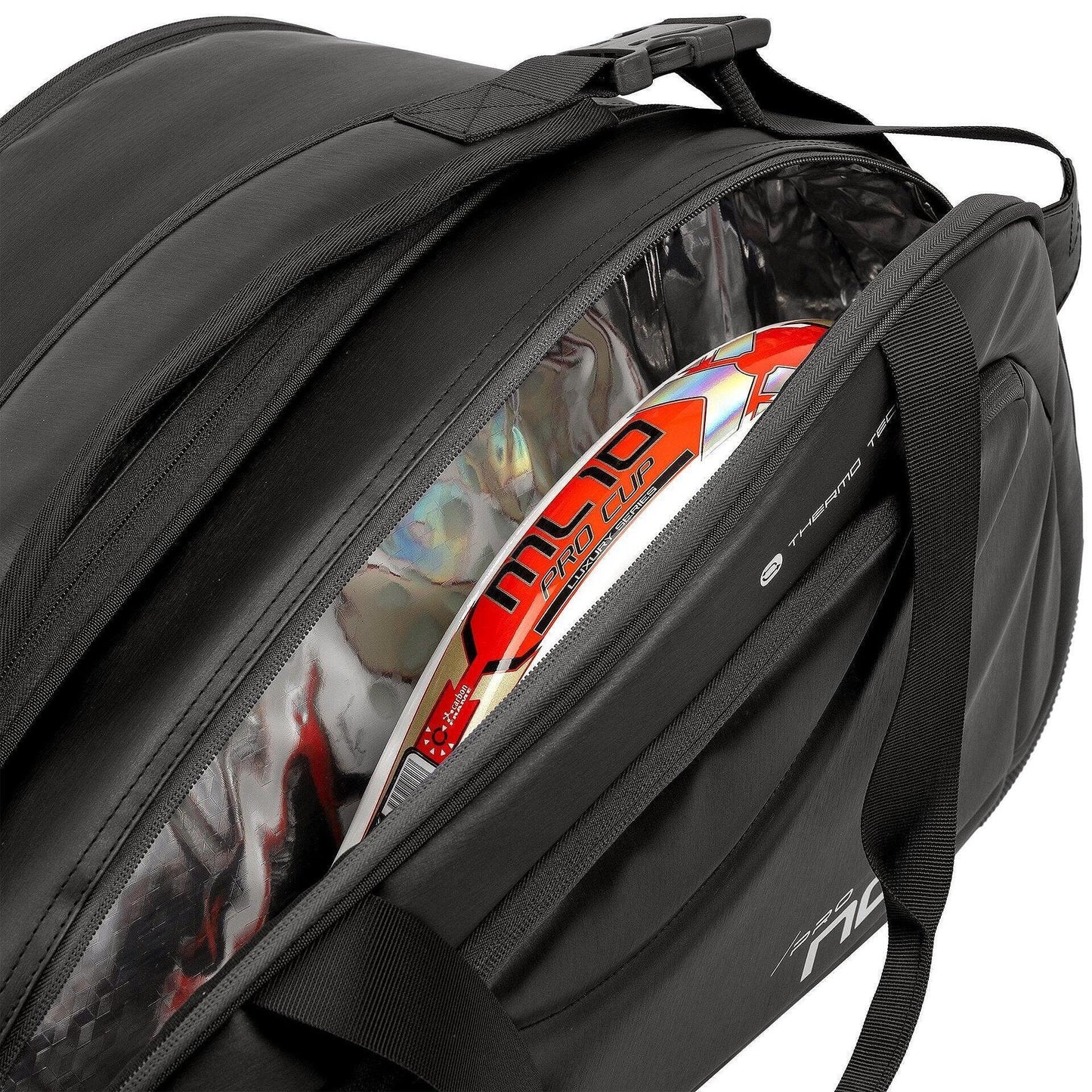 NOX Pro Series Black padel bag – a stylish sports bag in camel color with a thermal compartment, shoe compartment, and space for up to 3 padel rackets.