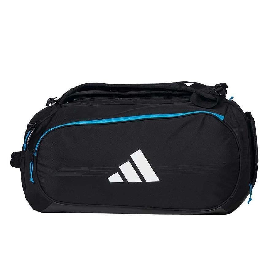 Adidas Protour 3.4 padel backpack in black and blue, with thermal-insulated racket compartments, shoe compartment, and adjustable padded straps, 70-liter capacity
