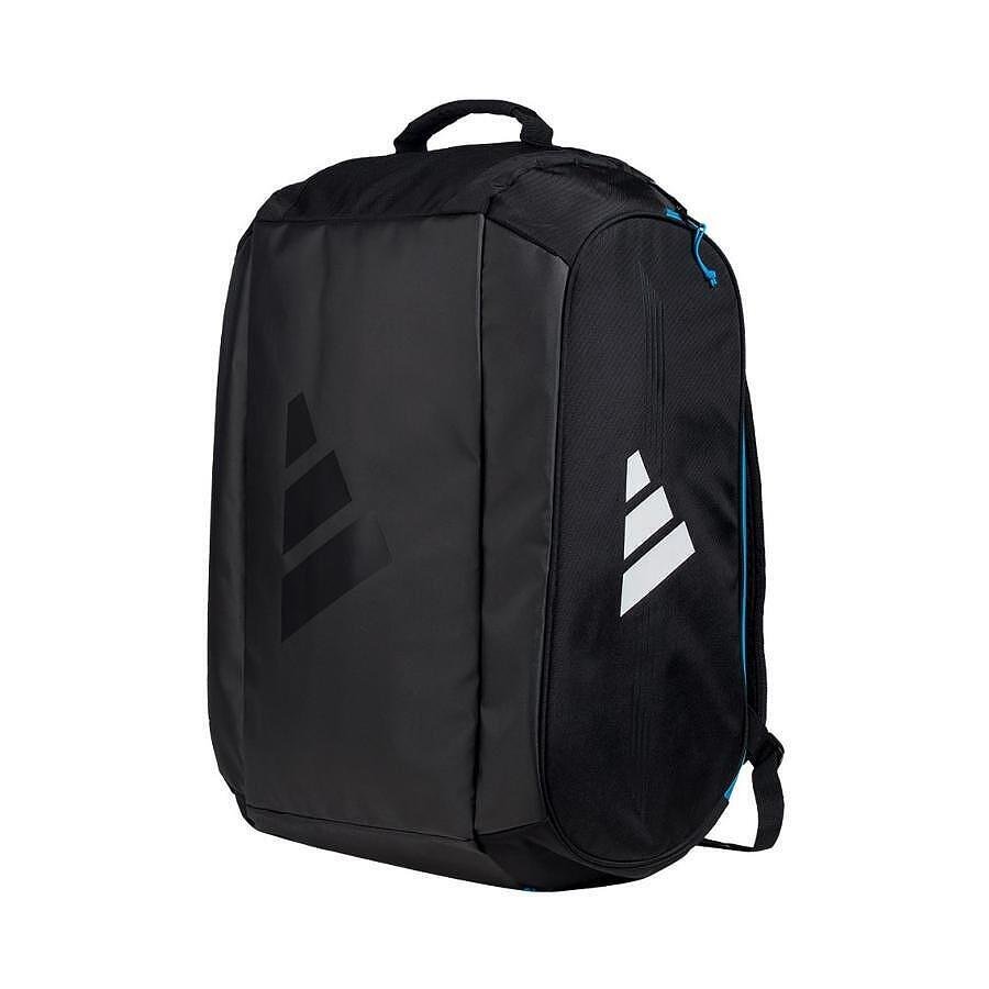 Adidas Protour 3.4 padel backpack in black and blue, with thermal-insulated racket compartments, shoe compartment, and adjustable padded straps, 70-liter capacity