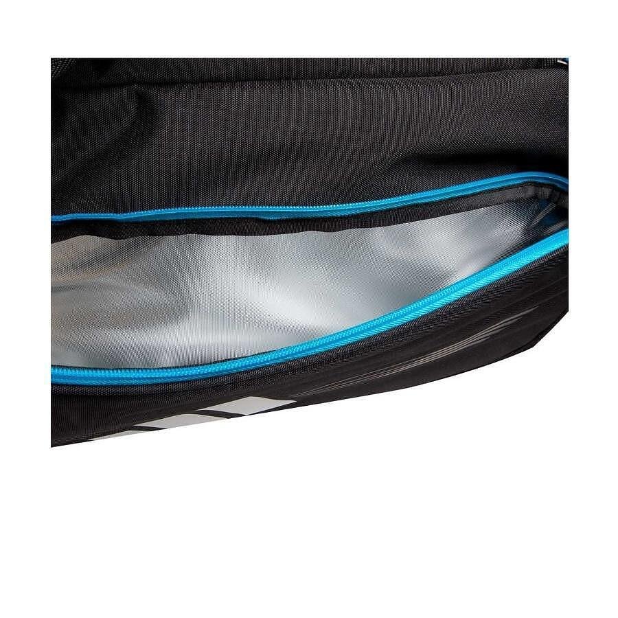 Adidas Protour 3.4 padel backpack in black and blue, with thermal-insulated racket compartments, shoe compartment, and adjustable padded straps, 70-liter capacity