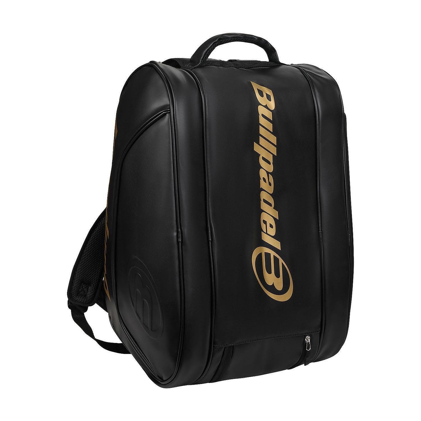 Bullpadel Flow Legend padel backpack in black, with thermal-insulated racket compartments, a side shoe pocket, and Alejandra Salazar's signature