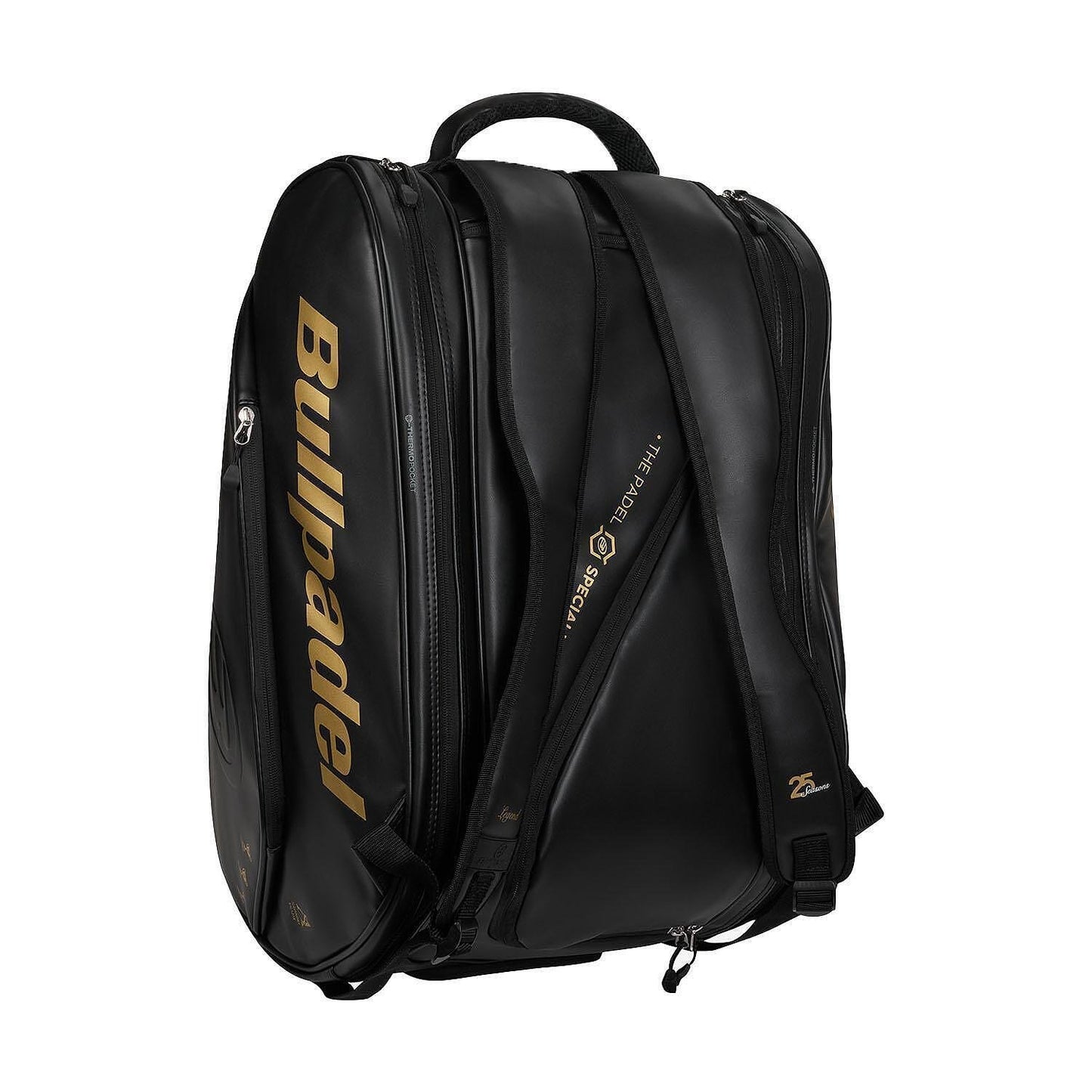 Bullpadel Flow Legend padel backpack in black, with thermal-insulated racket compartments, a side shoe pocket, and Alejandra Salazar's signature
