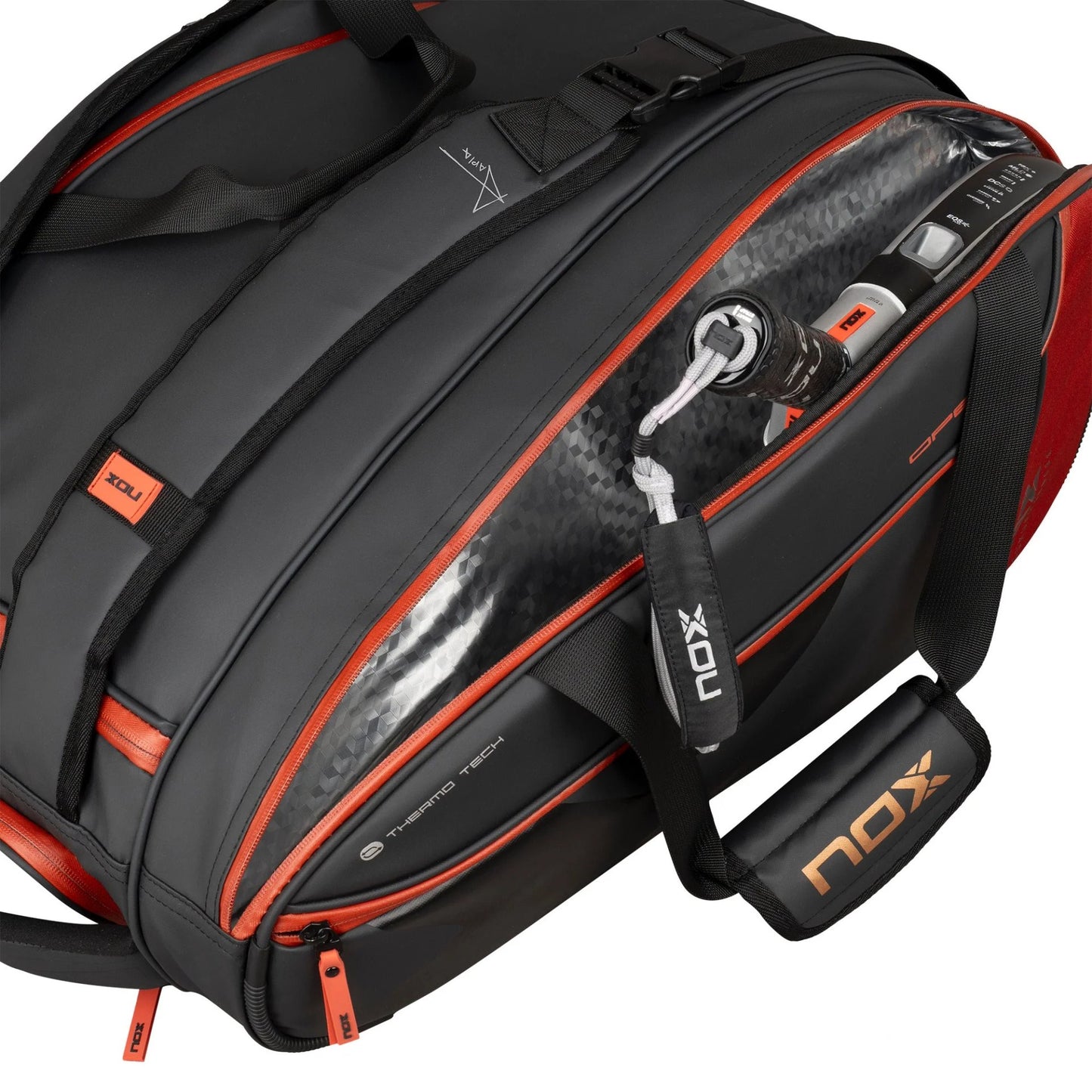 NOX LUXURY padel bag – black and red sports bag with thermal compartment, shoe and accessory compartments, stylish and durable design.