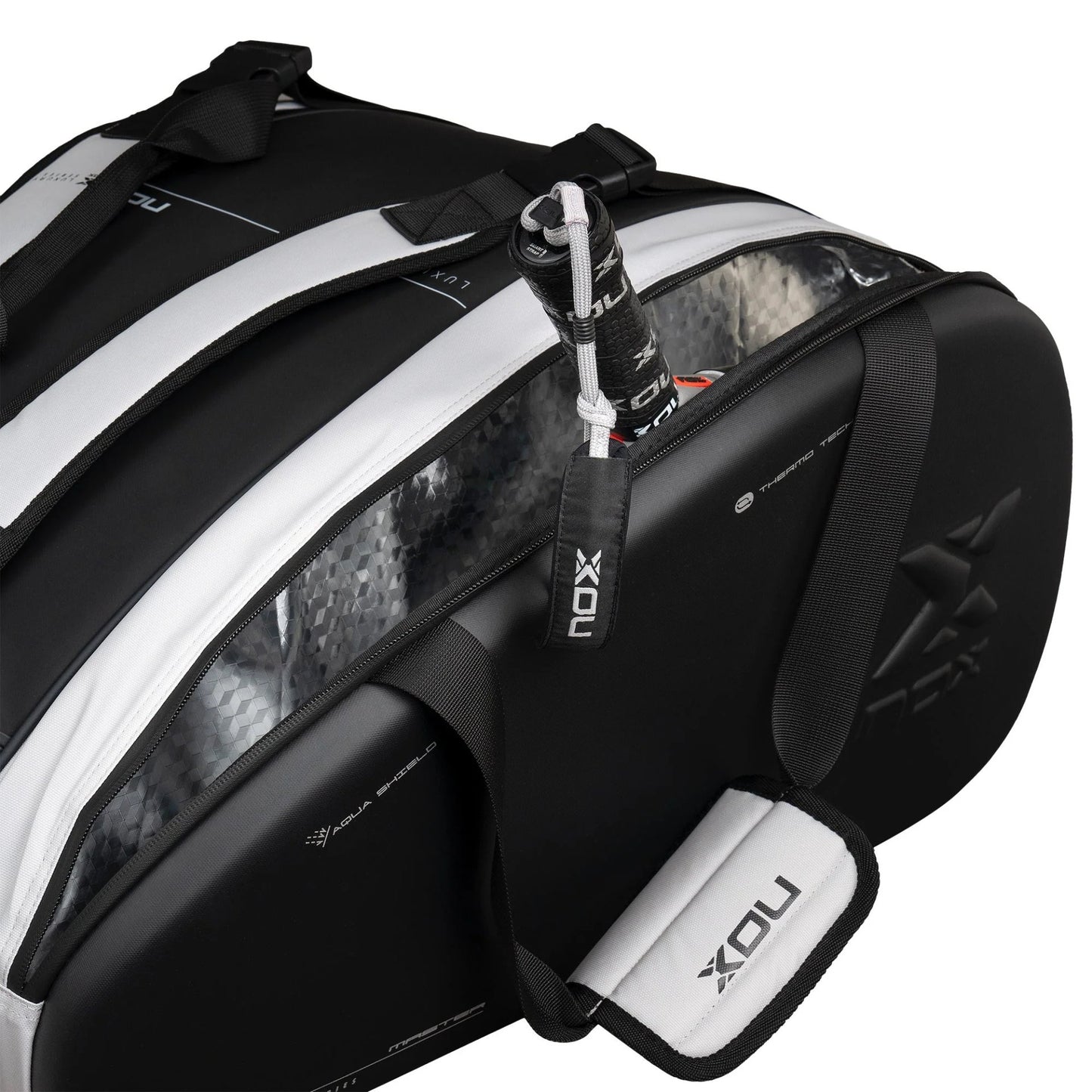 NOX LUXURY MASTER padel thermal bag in black and white – sports bag with a thermal compartment, a ventilated shoe compartment, and room for up to 3 padel rackets.