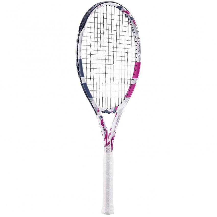 Rachetă de tenis Babolat Evo Aero Pink cu design alb și roz, pentru confort, putere și progres rapid pe teren