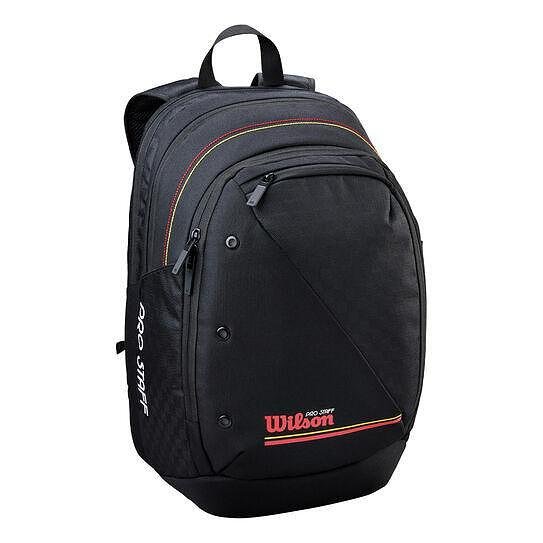 Wilson Pro Staff Classic backpack - a stylish tennis backpack for racquets, gear, and a laptop, with comfortable shoulder straps and a side pocket.