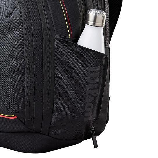 Wilson Pro Staff Classic backpack with a side bottle pocket and space for tennis gear and Wilson tennis racquets