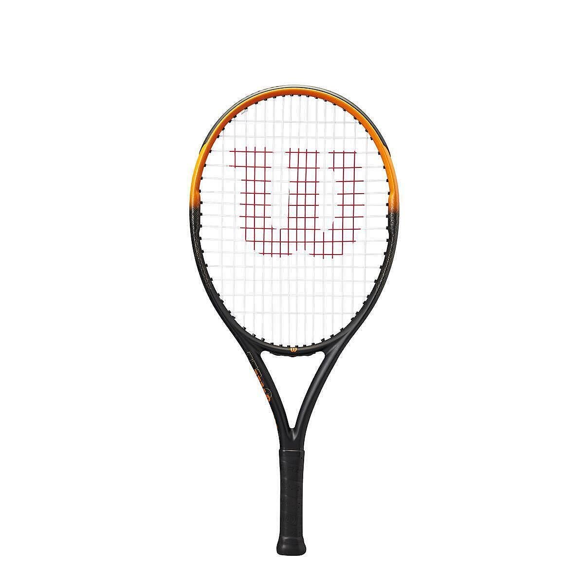 Wilson Burn Spin Junior 24 tennis racket, graphite frame for powerful shots and precise spin in a modern black-and-orange design