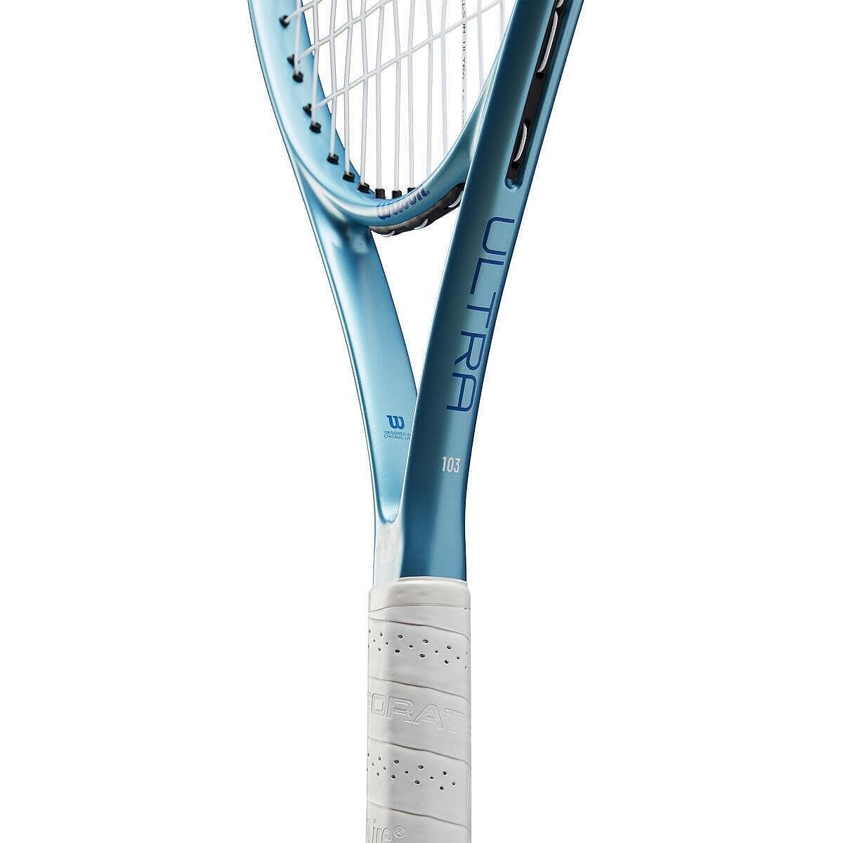 Rachetă de tenis Wilson Ultra Power 103 Tns, albastră, cu împletitură 16x19 și mâner Cushion Aire pentru putere și control
