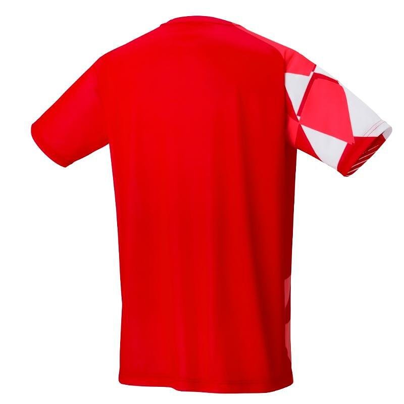 Yonex 16744 Unisex Tango Red T-shirt in red with a white geometric accent, stylish sports Yonex T-shirt