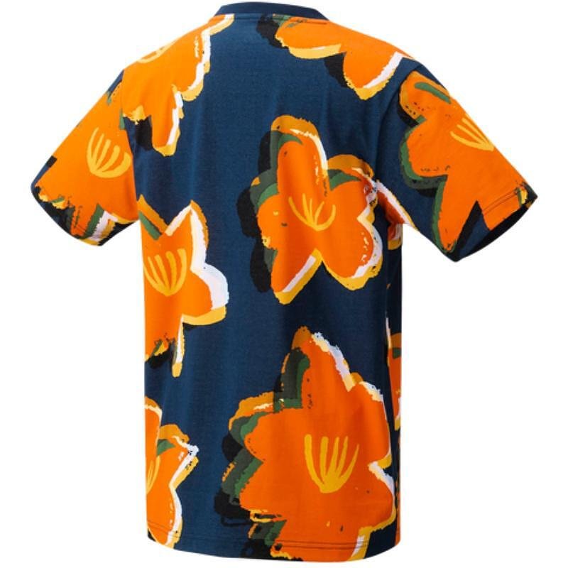 Yonex 2024 T-shirt - UNISEX size S in midnight navy with an orange pattern, for tennis gear and comfort.