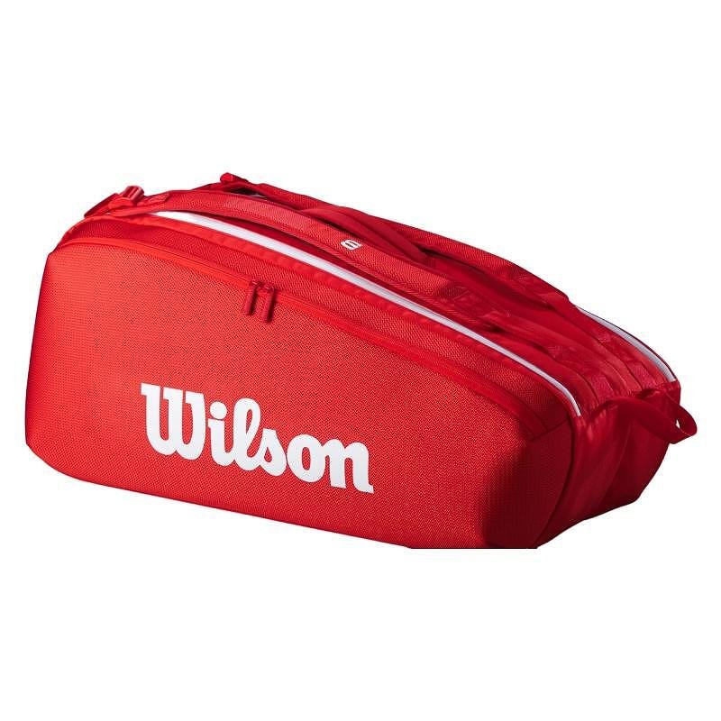 Термобег Wilson Super Tour 2025 - 9 ракети, червен тенис сак Wilson с термозащитно отделение и раница за тенис екипировка