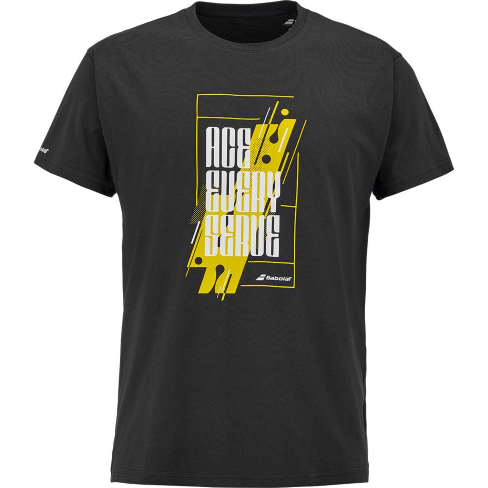 Мъжка тениска Babolat Exercise Message Tee Black -  80% памук и 20% рециклиран полиестер. Меко усещане при носене, дишаща материя, бързосъхнещи свойства и висока издръжливост при ежедневна употреба. Класическата кройка в черен цвят