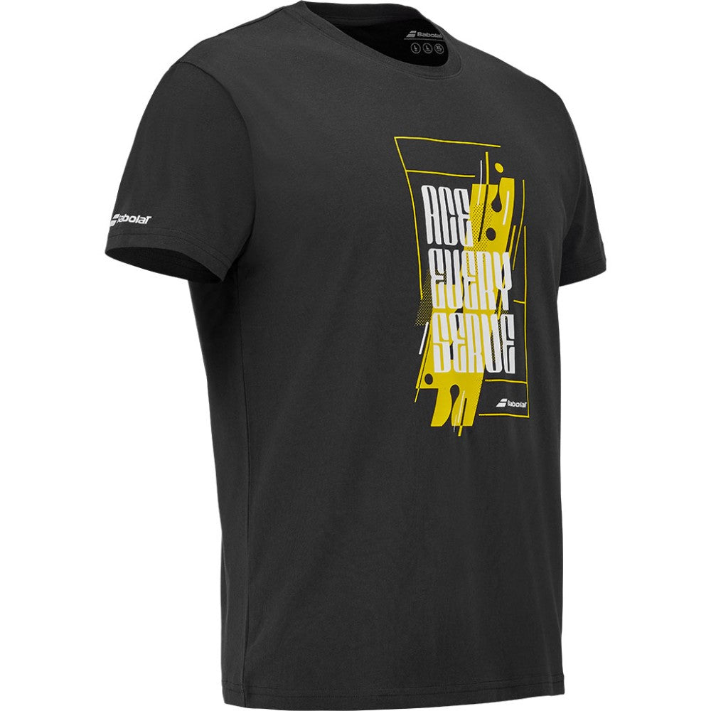 Мъжка тениска Babolat Exercise Message Tee Black -  80% памук и 20% рециклиран полиестер. Меко усещане при носене, дишаща материя, бързосъхнещи свойства и висока издръжливост при ежедневна употреба. Класическата кройка в черен цвят