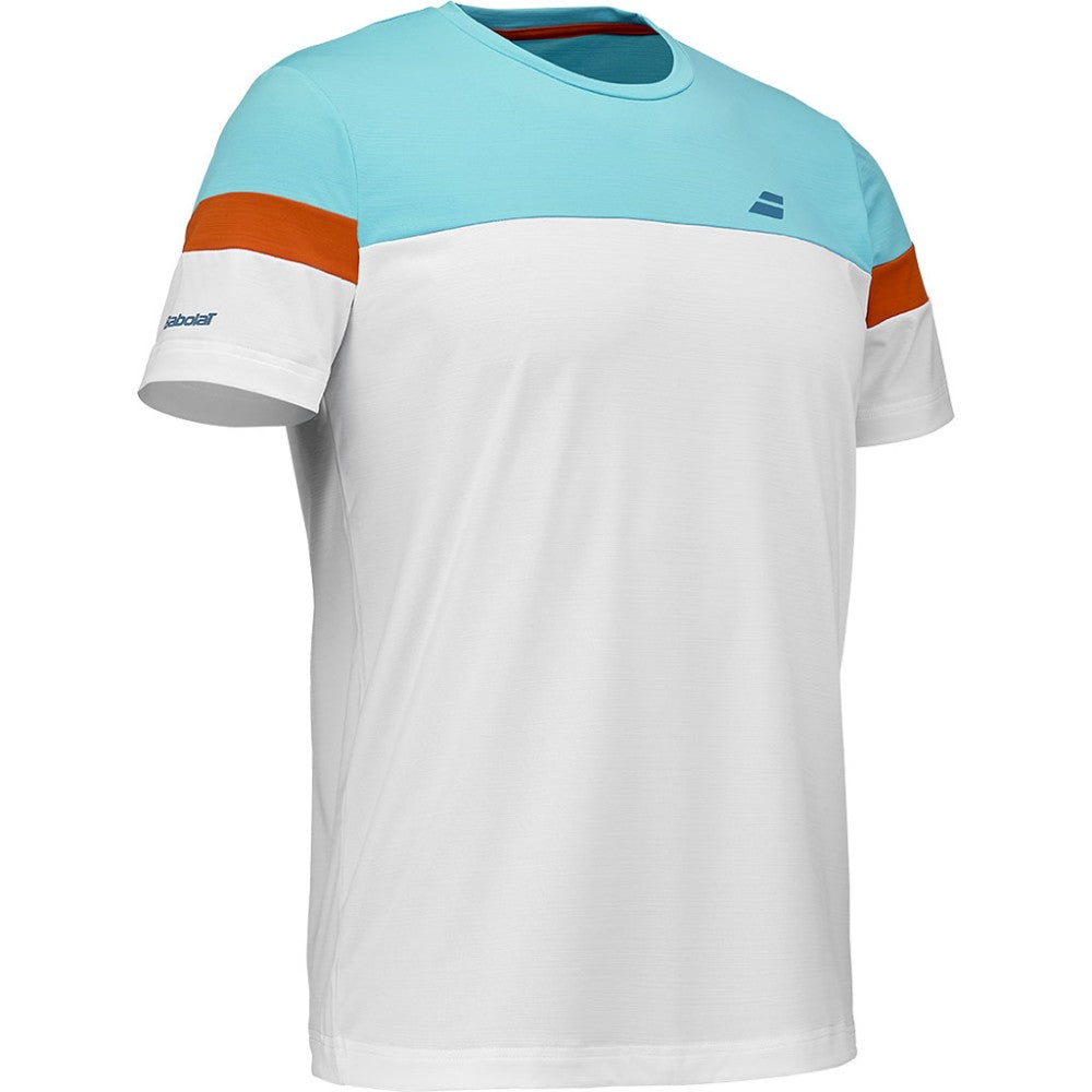 Мъжка тениска Babolat Crew Neck Tee White. Изработена от 83% рециклиран полиестер, 17% еластан. В бял цвят с оранжев акцент