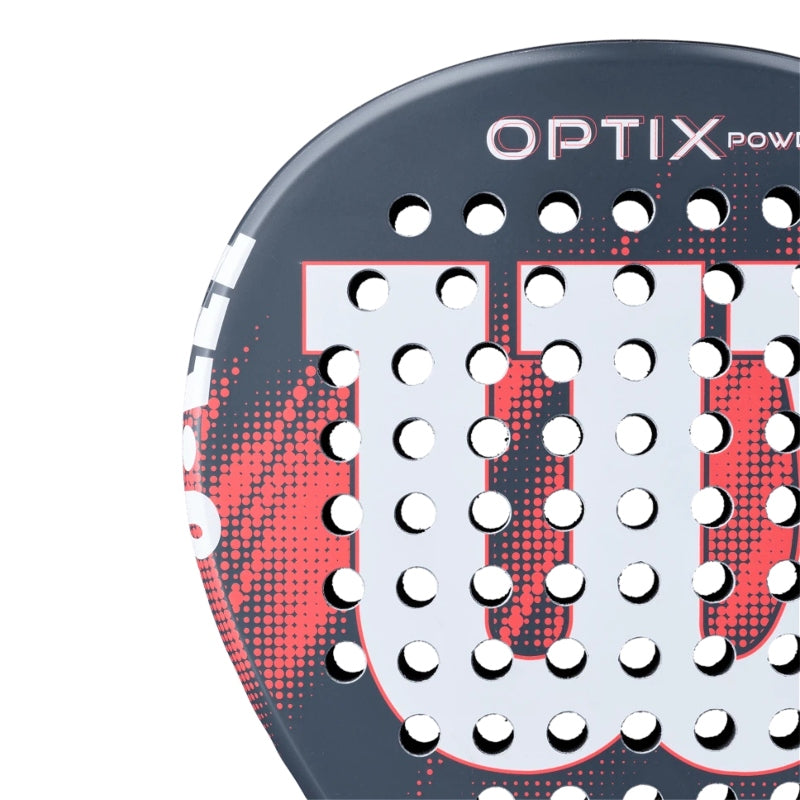 Падел ракета Wilson Optix V2 Power Red - детайл от оригиналния дизайн и мрежа на перкусия.