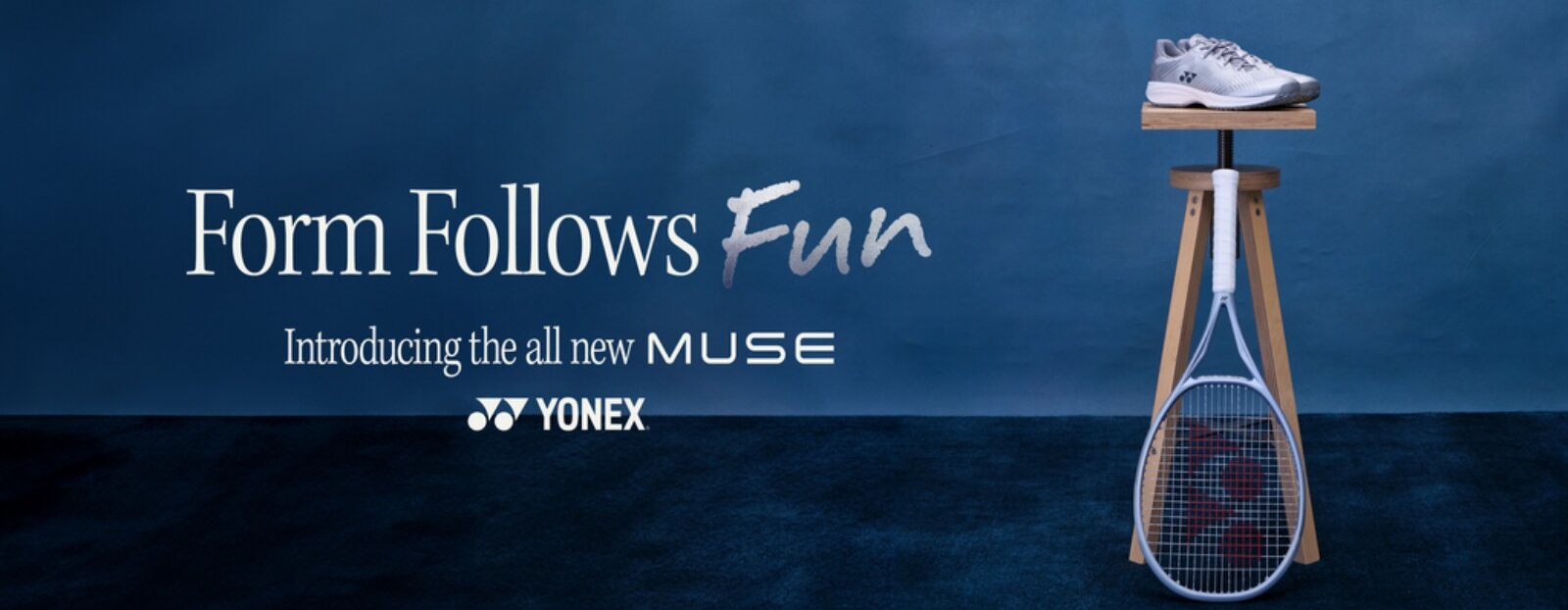 Wide Yonex Muse hero banner with tennis racket and shoe