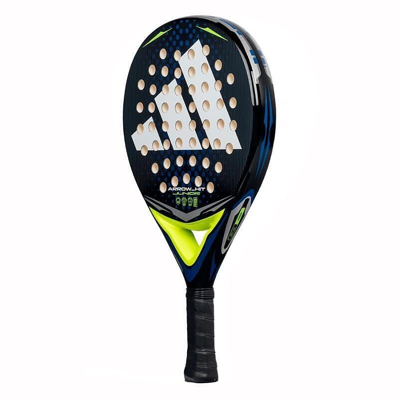Rachetă de padel Adidas Arrow Hit Junior Blue cu formă rotundă, miez Soft Performance EVA, față din fibră de sticlă și zonă centrală de lovire, concepută pentru tineri jucători începători.