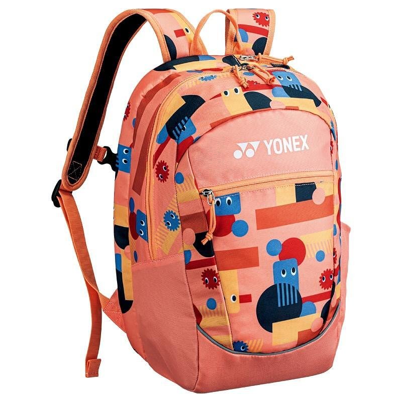 Yonex 15L Coral Orange kids' backpack for tennis gear, comfortable and safe with reflectors and a chest strap