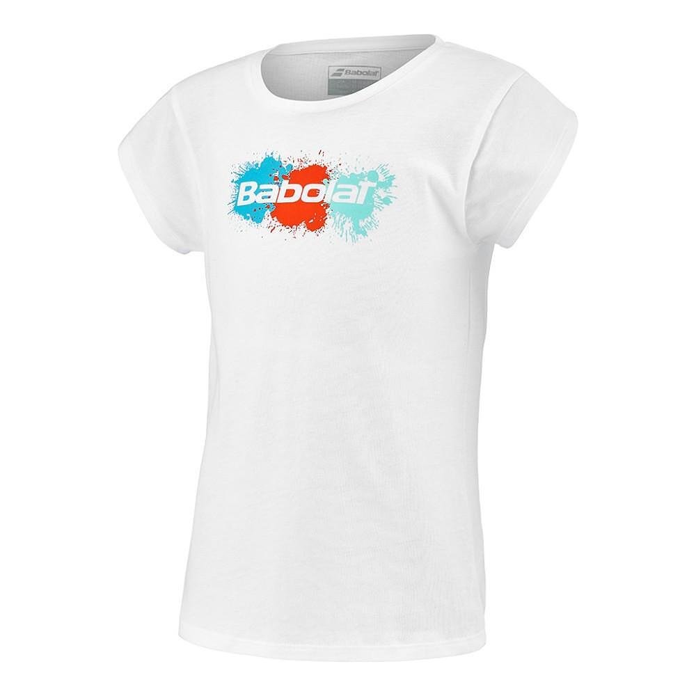 Tricou de copii Babolat EXERCISE COTTON TEE GIRL - white, alb cu logo Babolat pentru tenis și stil sportiv