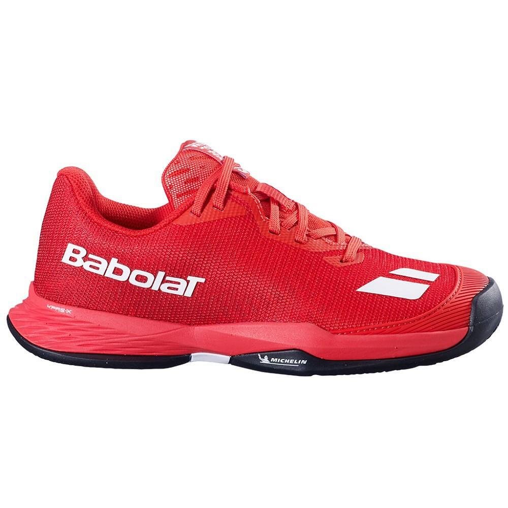 Kids' Babolat JET MACH 3 JNR CLAY CHERRY TOMATO / WHITE tennis shoes, lightweight and stable for young players