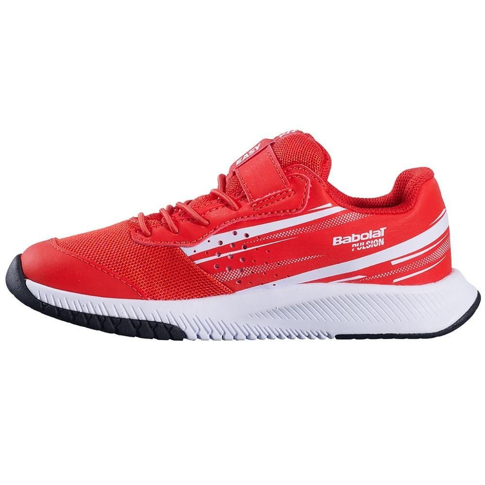 Kids' Babolat PULSION KID AC CHERRY TOMATO / WHITE, lightweight and comfortable tennis shoes for children.