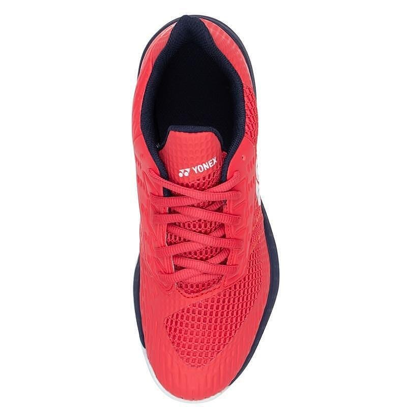 Kids' Yonex PC AD-ACCEL CL Sunset Red tennis shoes for clay courts, lightweight, stable and breathable for comfortable play.