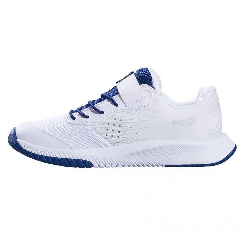 Children's Babolat PULSION AC BOY White, Estate Blue – lightweight tennis shoes for comfort and stability.